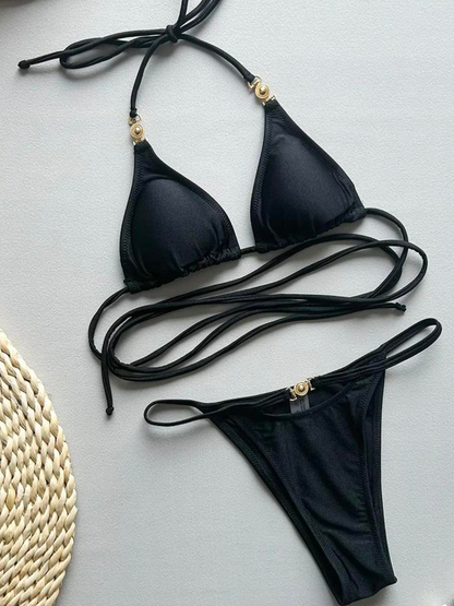 Black Strapped Triangle Bikini Set