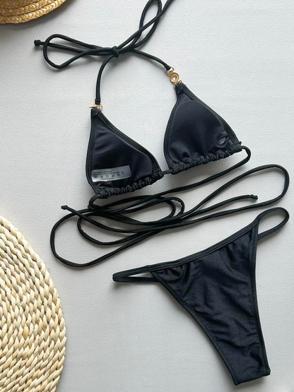 Black Strapped Triangle Bikini Set