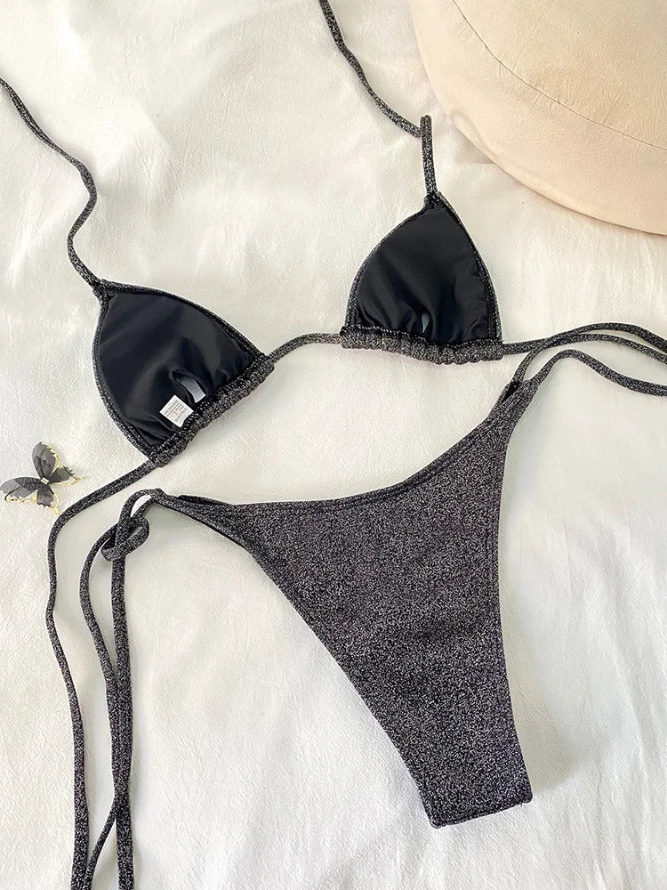 Black Glossy Triangle Bikini Set