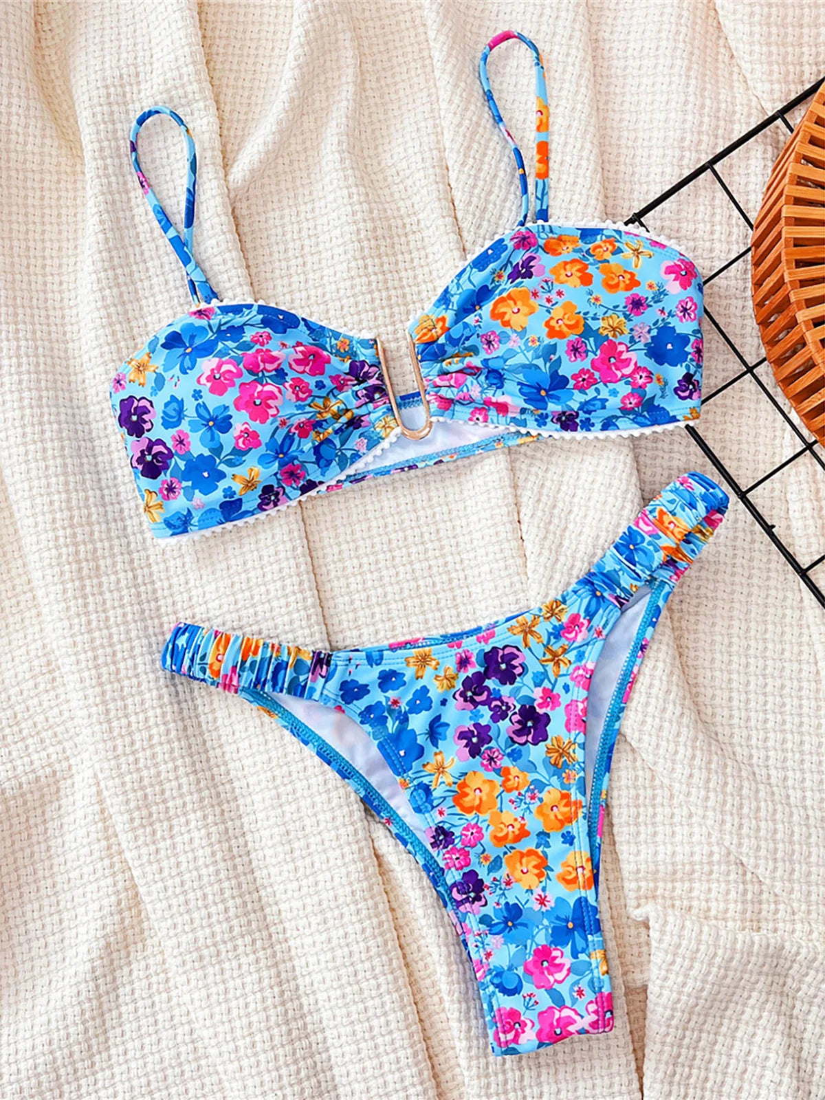 Blue Flowers Bandeau Bikini Set