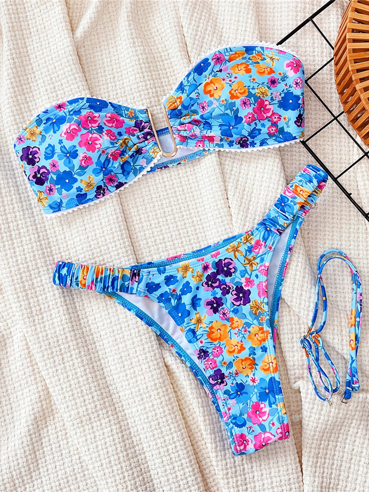 Blue Flowers Bandeau Bikini Set