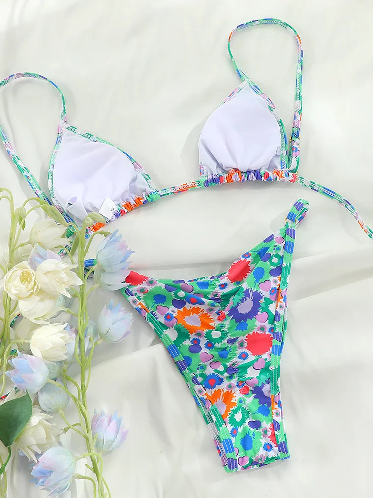 Print Halter Triangle Bikini Set