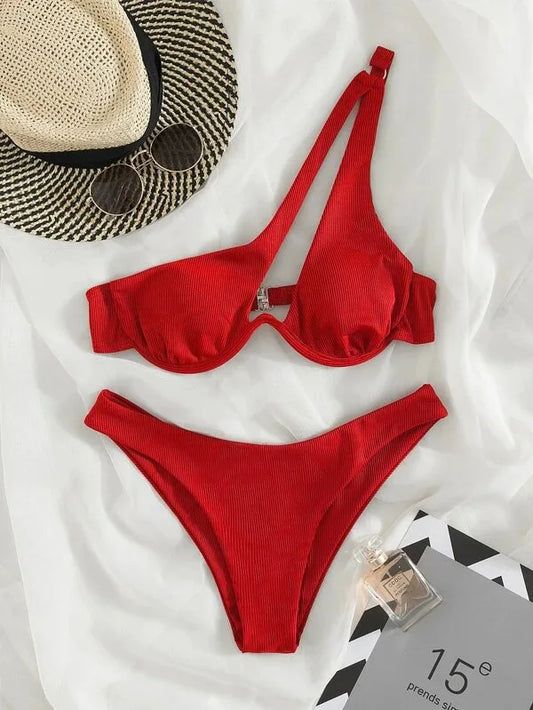 Solid Asymmetrical Bikini Set