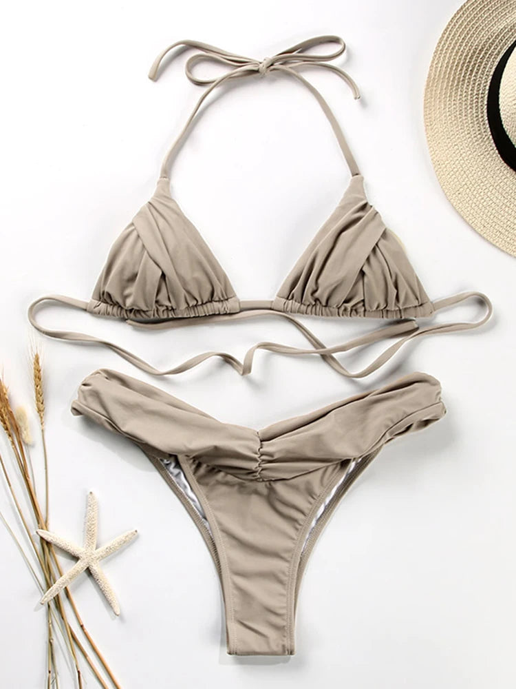 Solid V Cut Triangle Halter Bikini Set