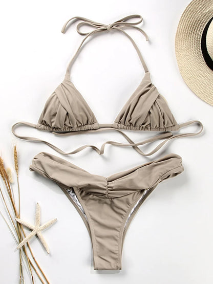 Solid V Cut Triangle Halter Bikini Set