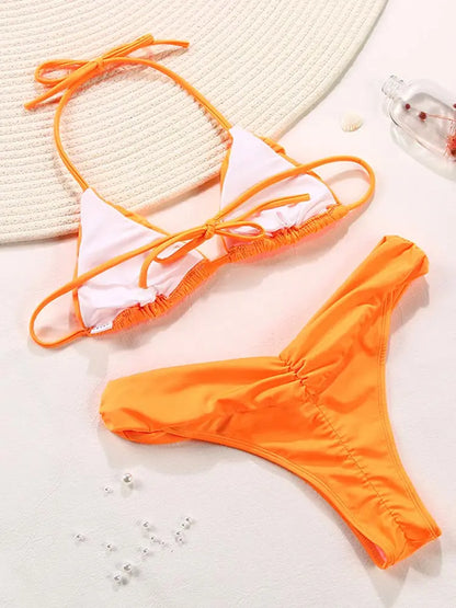 Solid V Cut Triangle Halter Bikini Set