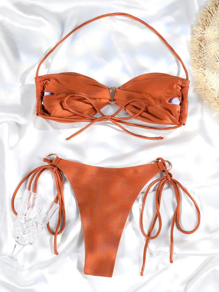 Solid Halter O-Ring Bikini Set