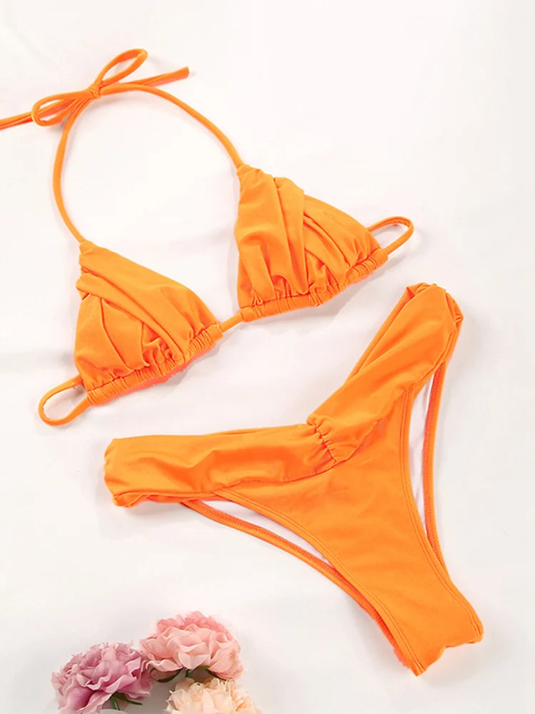 Solid V Cut Triangle Halter Bikini Set